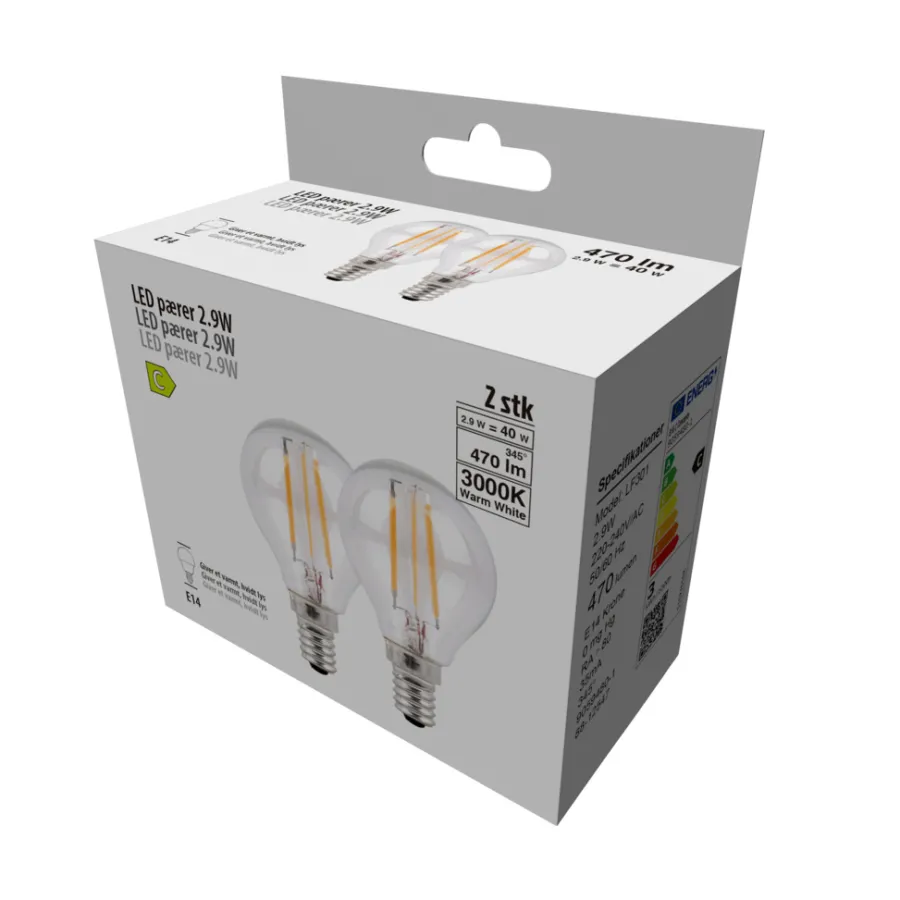 Led-Pærer^ LED-dråpepære 2,9 W E14 - 2 pk.