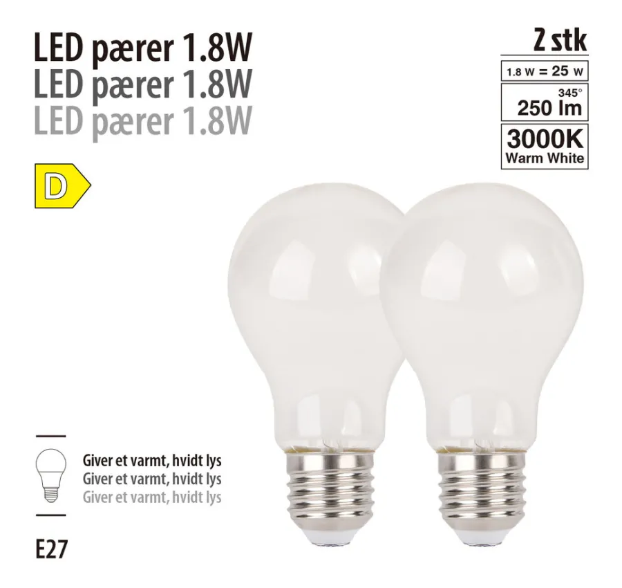 Led-Pærer^ LED-filamentpærer 1,8 W E27 - 2-pk.