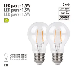 Led-Pærer^ LED-filamentpærer 1,5 W E27 - 2-pk.
