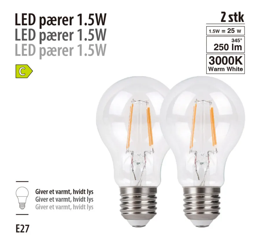Led-Pærer^ LED-filamentpærer 1,5 W E27 - 2-pk.