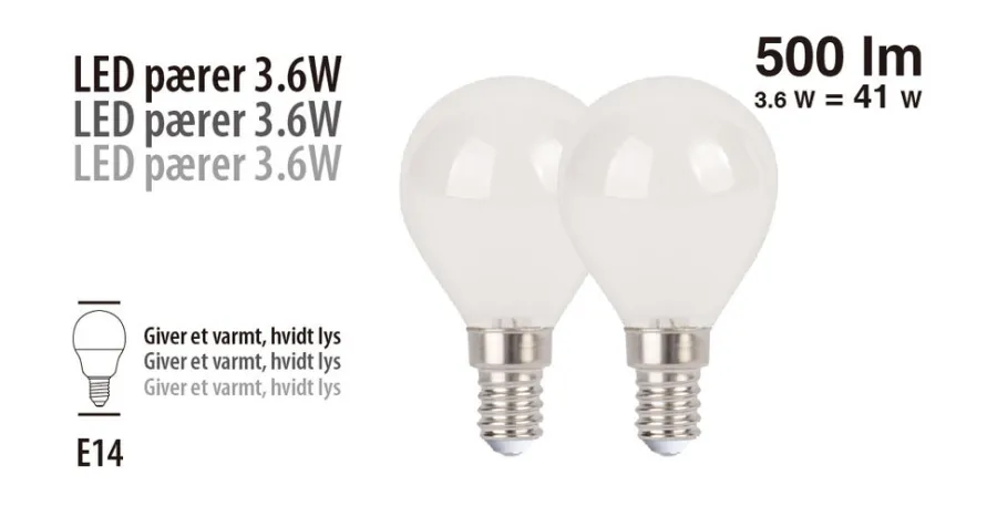 Led-Pærer^ LED-kronepærer 3,6 W E14 - 2 pk.