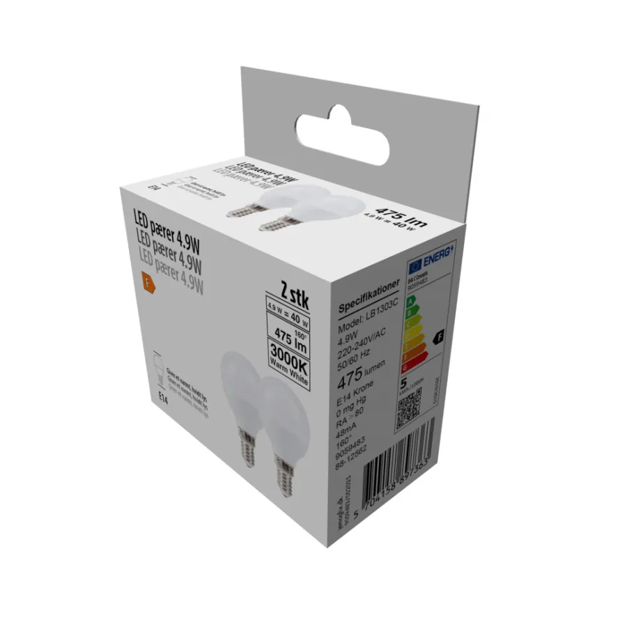 Led-Pærer^ LED-kronepærer 4,9 W E14 - 2 pk.