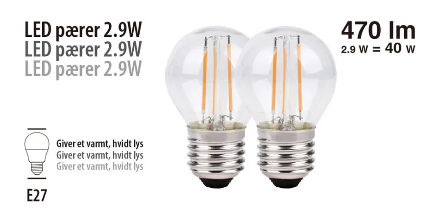 Led-Pærer^ LED-kronepærer 2,9 W E27 - 2-pk.