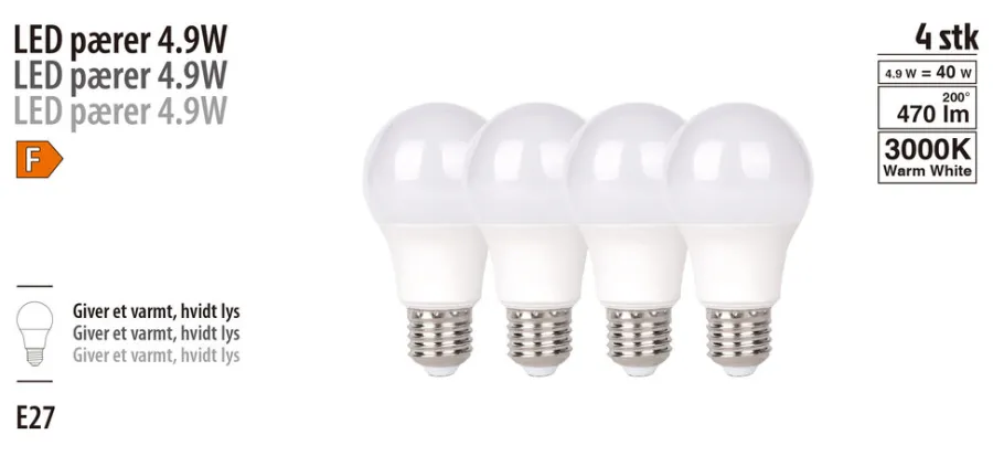 Led-Pærer^ LED-pære E27 standard 4,9 W E27 4-pk.
