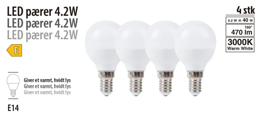 Led-Pærer^ LED-pære krone 4,2 W E14 4-pk.