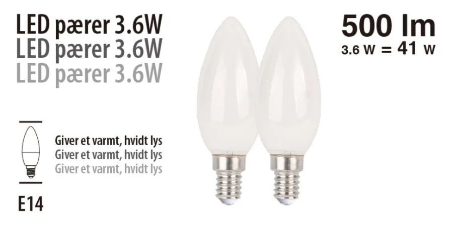 Led-Pærer^ LED-pærer kerte 3,6 W E14 - 2 pk.