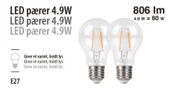 Led-Pærer^ LED-pærer standard 4,9 W E27 - 2-pk.