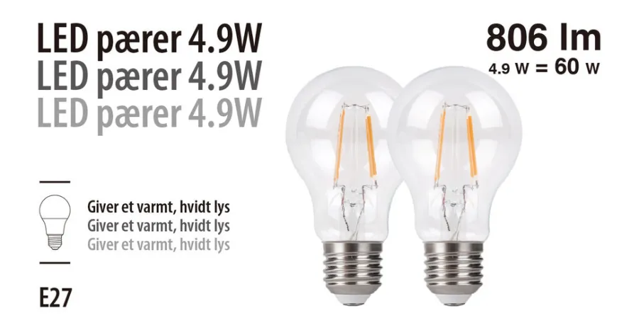 Led-Pærer^ LED-pærer standard 4,9 W E27 - 2-pk.