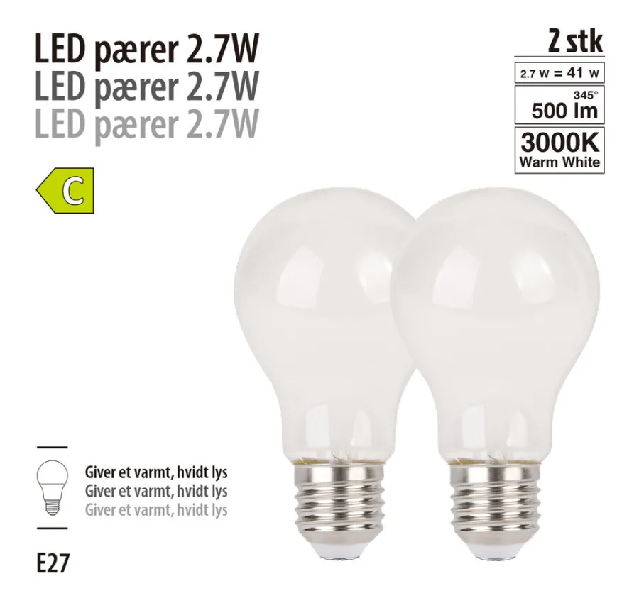 Led-Pærer^ LED-pærer standard 2,7 W E27 - 2-pk.