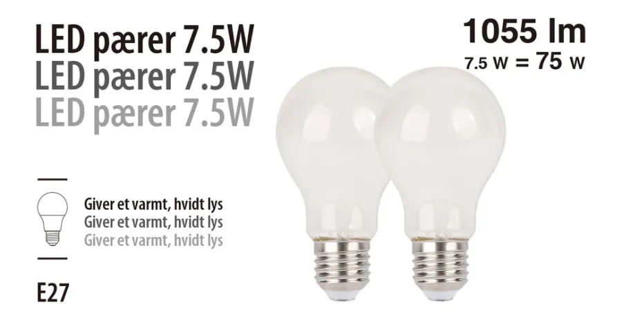 Led-Pærer^ LED-pærer standard 7,5 W E27 - 2-pk.