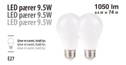 Led-Pærer^ LED-pærer standart 9,5 W E27 - 2-pk.
