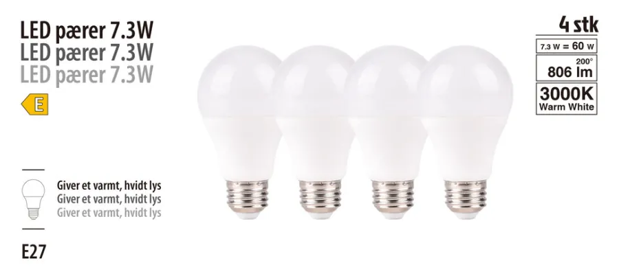 Led-Pærer^ LED-pære standard 7,3 W E27 4-pk.