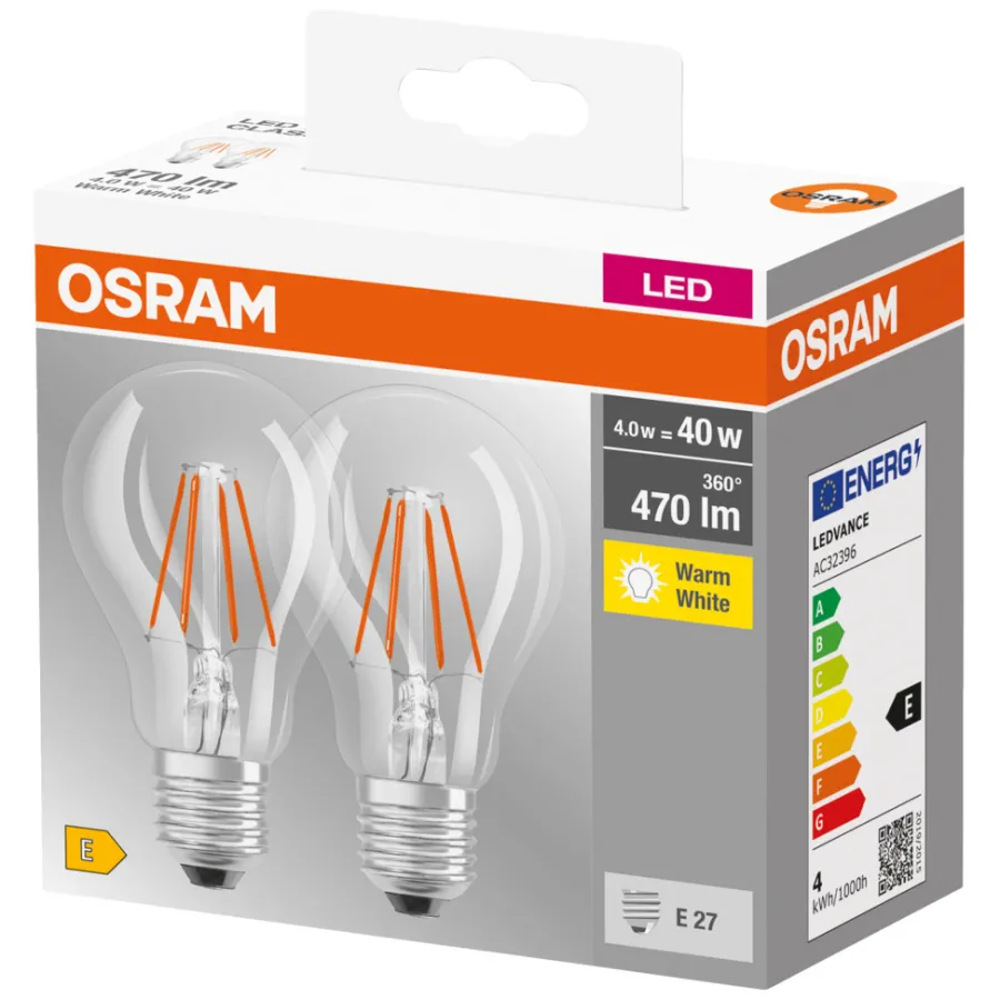 Led-Pærer^Osram LED Base standardpære E27 4 W 2-pk