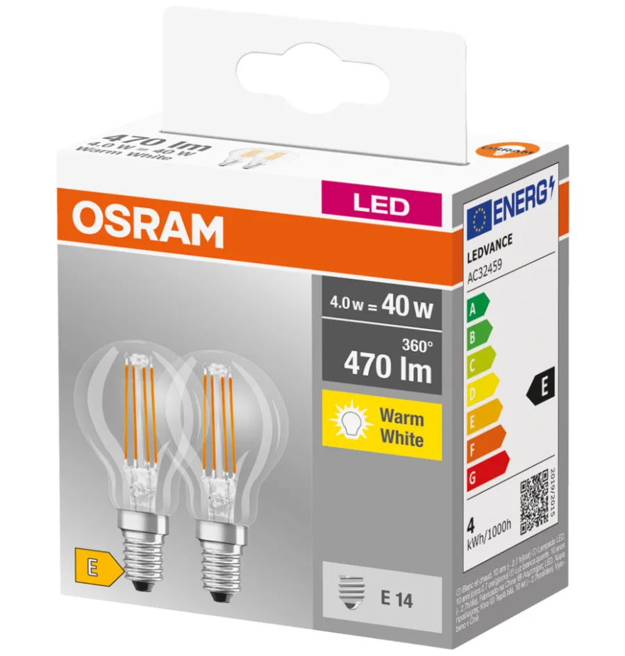 Led-Pærer^Osram LED kronepære E14 4 W 2-pk.