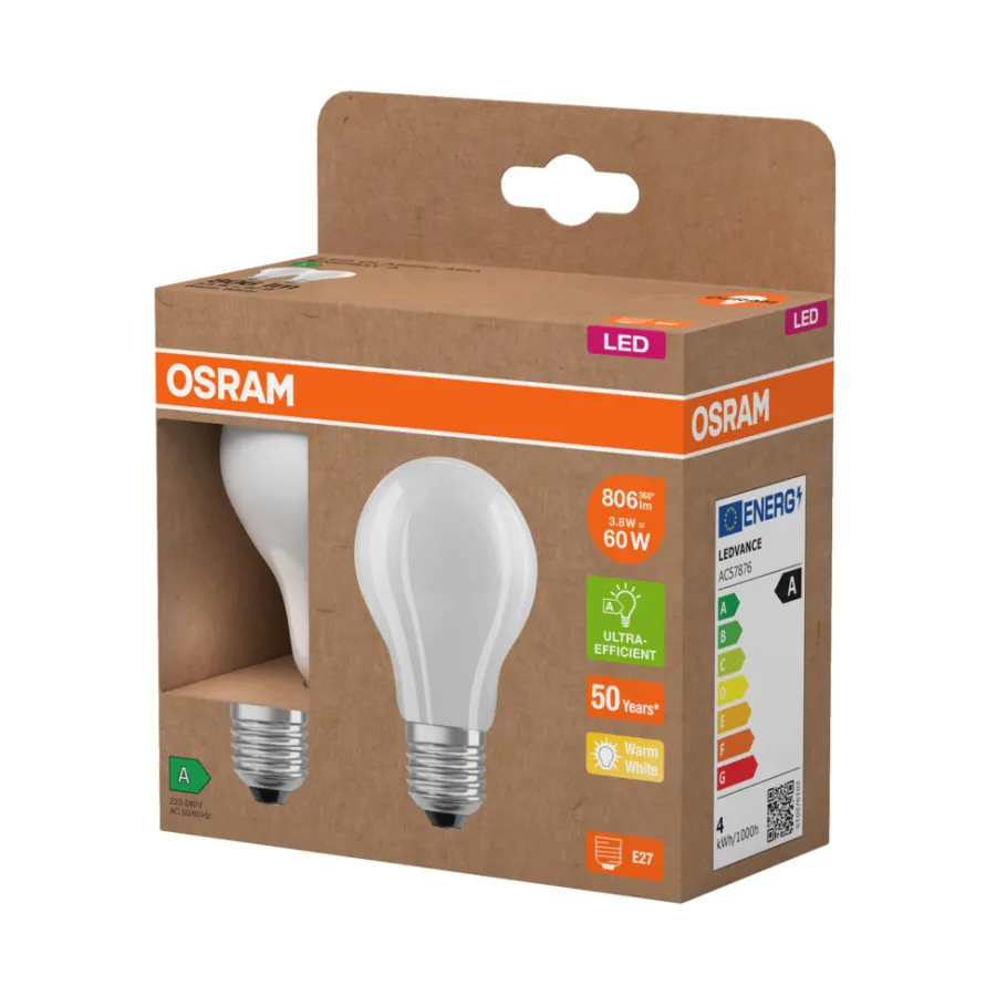 Led-Pærer^Osram LED matt standardpære E27 3,8 W 2-pk.