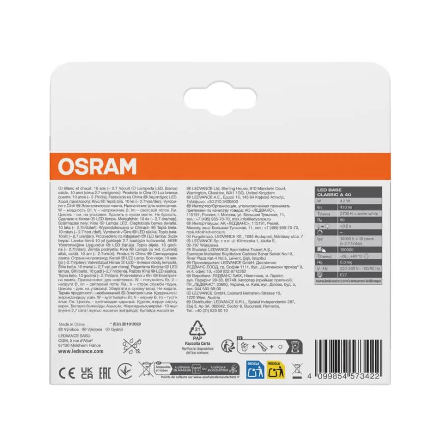 Led-Pærer^Osram LED-pære STD matt E27 4,2 W 3-pk.