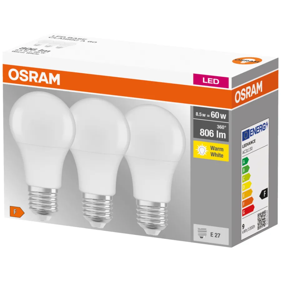 Led-Pærer^Osram LED standardpære E27 8,5 W 3-pk.