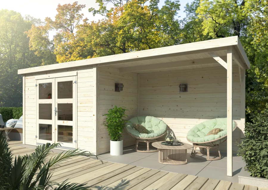 Redskapsboder|Hytter & Boder^Palmako redskapsbod m/pergola Alma 560 x 184 cm