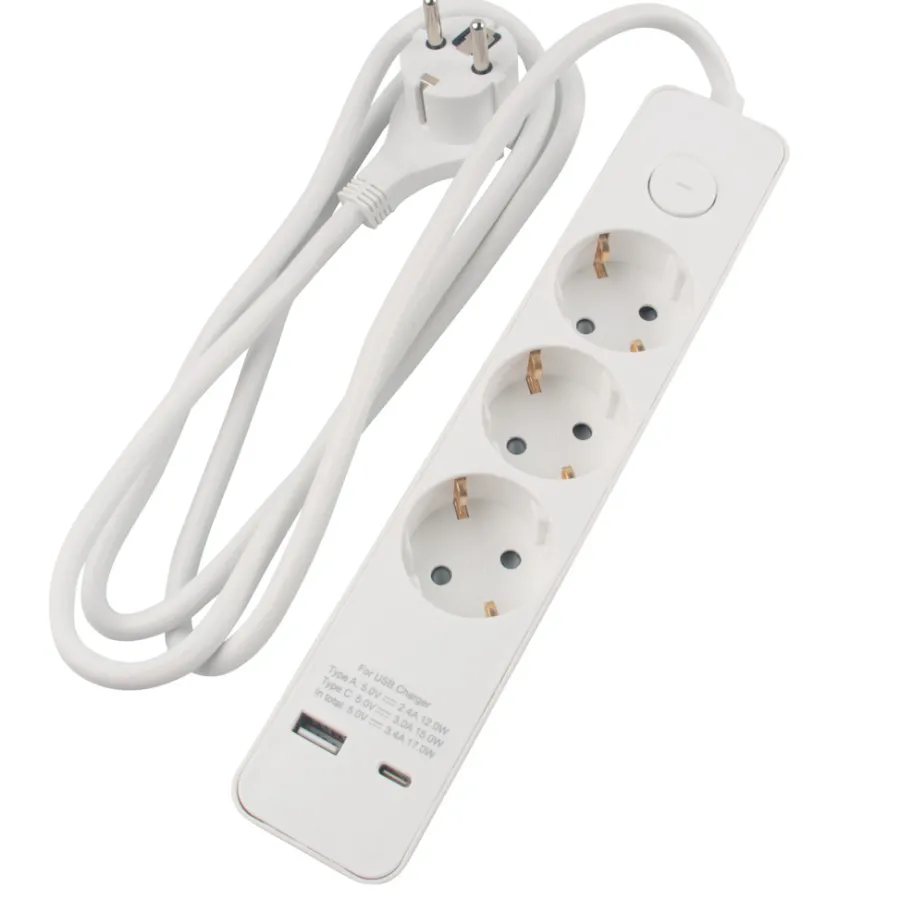 Grenuttak & Skjøteledninger^Elworks Skjøteledning 3-veis med USB-A/USB-C Hvit