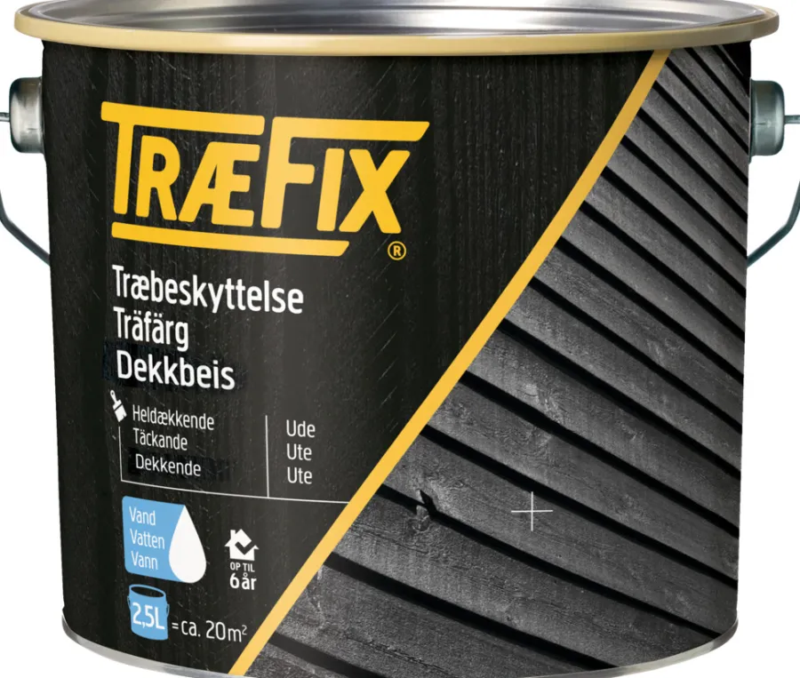 Trebeskyttelse^Træfix dekkbeis vannbasert 2,5 liter Svart