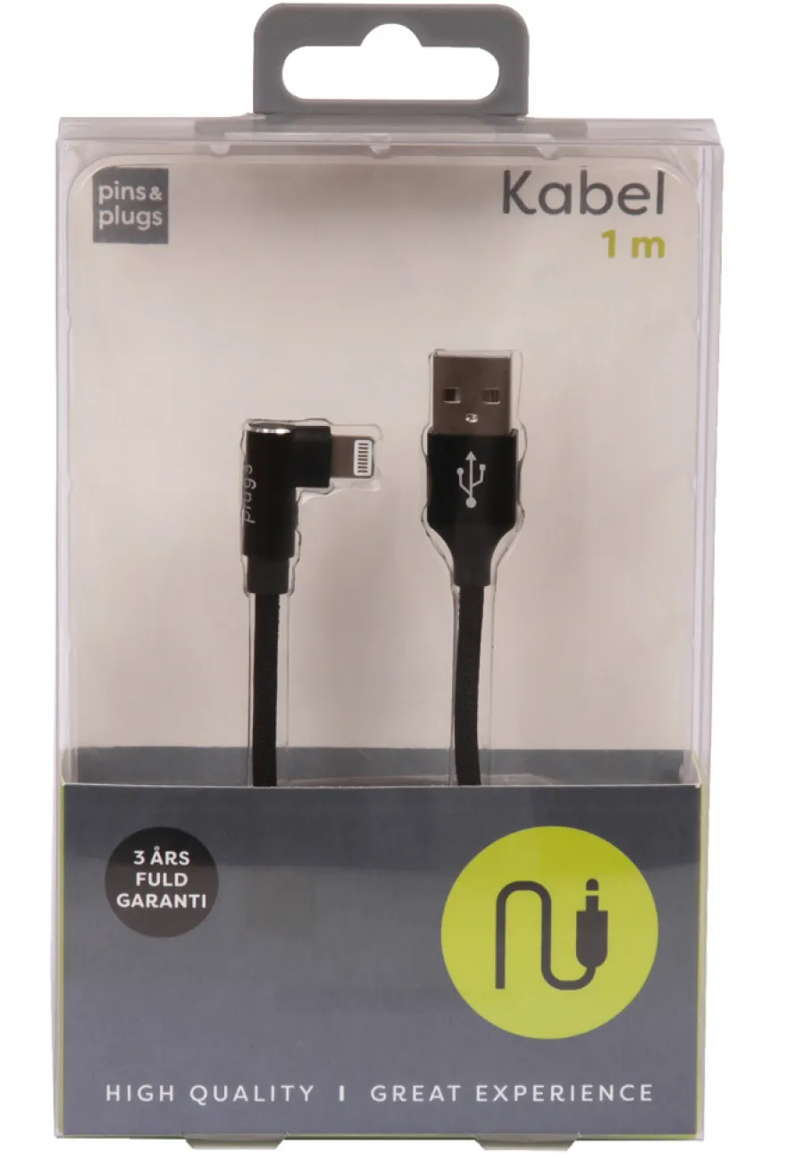 Kabler & Adaptere^PhoneFood USB-A til lightning-kabel med 90-graders plugg – 1 meter